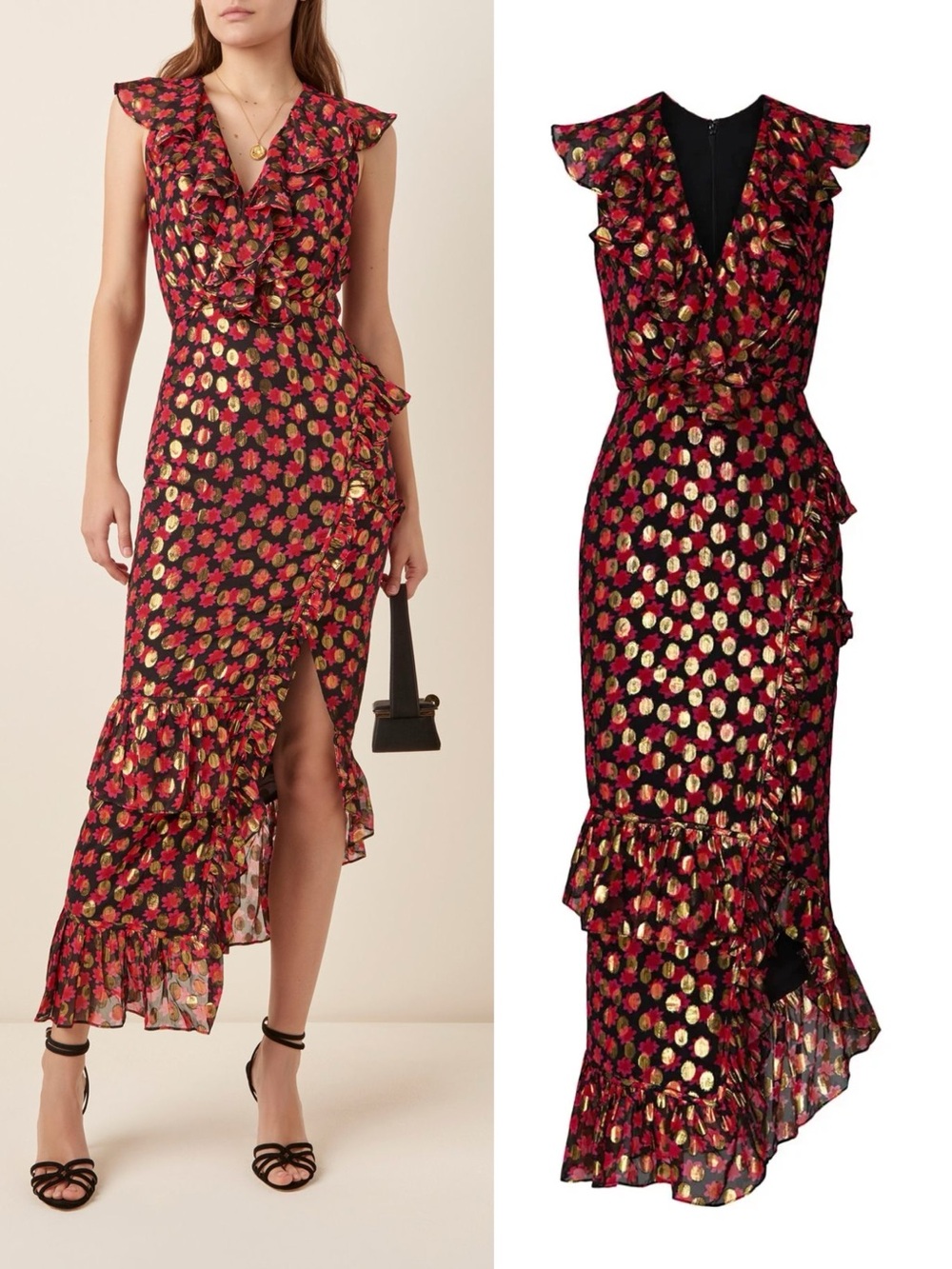 SALONI • Anita Ruffled Fil Coupe Chiffon Maxi Dress black floral polka dot silk